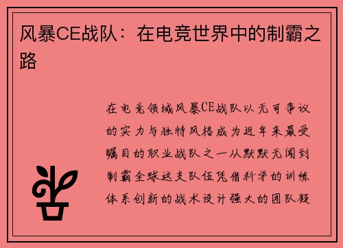 风暴CE战队：在电竞世界中的制霸之路